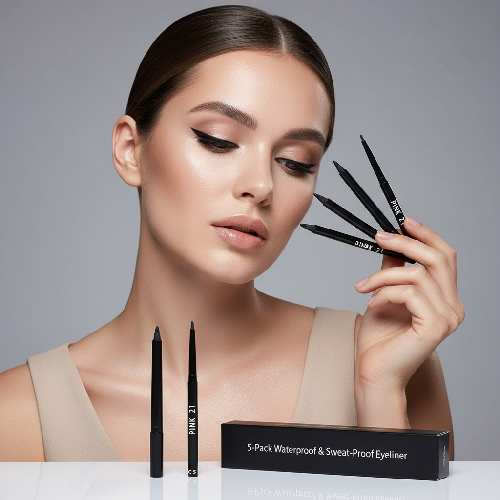 5-Pack Waterproof & Sweat-Proof Black Eyeliner Pencil -Long-Lasting, Smudge-ProofFor Bold Eye Makeup, EasyGlide Formula for Perf
